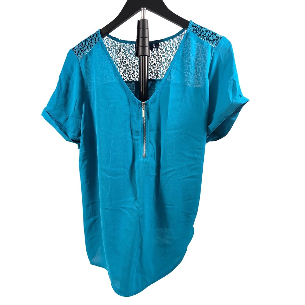 Apt‎ 9 Womens Teal Blue Crochet Lace Shoulder Half Zip Short Sleeve Blouse Large